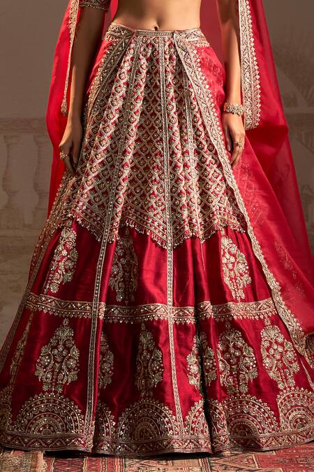 Shop_Ridhi Mehra_Red Silk, Organza Rani Zardozi Floral Jaal Embroidered Bridal Lehenga Set _Online_at_Aza_Fashions