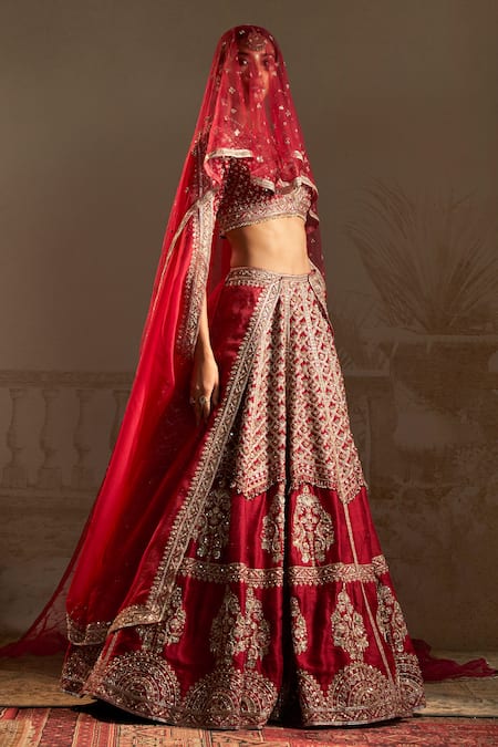 Ridhi Mehra_Red Silk, Organza Rani Zardozi Floral Jaal Embroidered Bridal Lehenga Set _at_Aza_Fashions