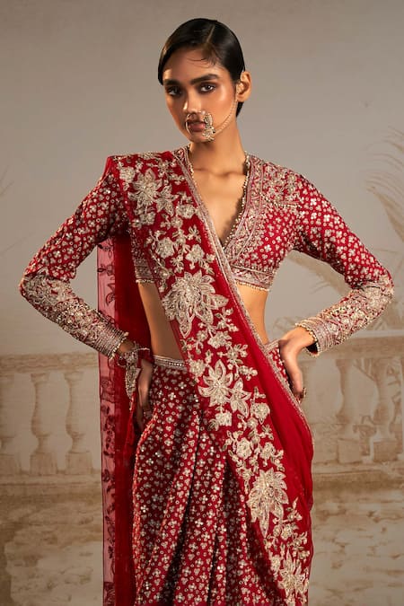 Ridhi Mehra Red Blouse Raw Silk Embroidered Persian Plunge Sagan Zardozi Skirt Saree Set Online at Aza Fashions Ridhi Mehra_Red Blouse Raw Silk Embroidered Persian Plunge Sagan Zardozi Skirt Saree Set _Online_at_Aza_Fashions