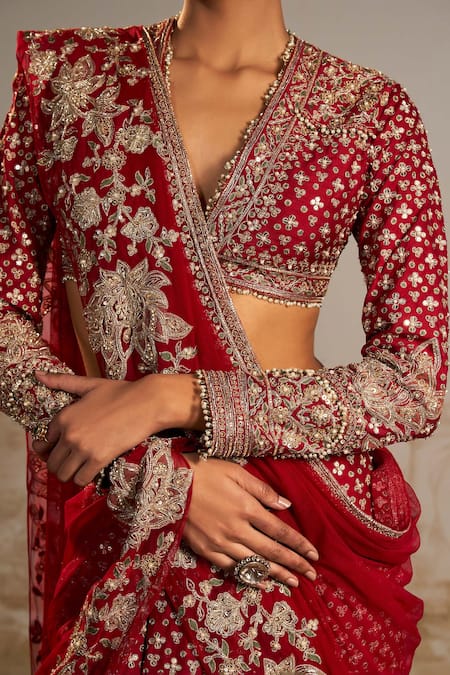 Buy Ridhi Mehra Red Blouse Raw Silk Embroidered Persian Plunge Sagan Zardozi Skirt Saree Set Online at Aza Fashions Buy_Ridhi Mehra_Red Blouse Raw Silk Embroidered Persian Plunge Sagan Zardozi Skirt Saree Set _Online_at_Aza_Fashions
