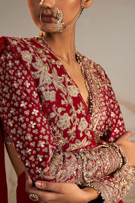 Shop Ridhi Mehra Red Blouse Raw Silk Embroidered Persian Plunge Sagan Zardozi Skirt Saree Set Online at Aza Fashions Shop_Ridhi Mehra_Red Blouse Raw Silk Embroidered Persian Plunge Sagan Zardozi Skirt Saree Set _Online_at_Aza_Fashions