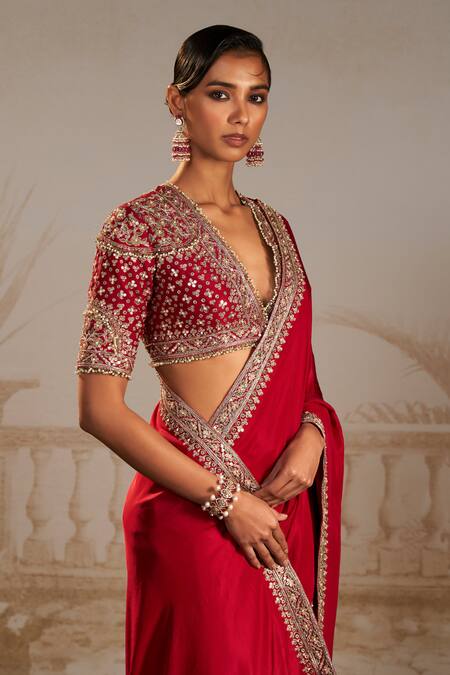 Buy_Ridhi Mehra_Red Blouse Raw Silk Embroidered Zardozi Plunge Lagan Border Saree With _Online_at_Aza_Fashions