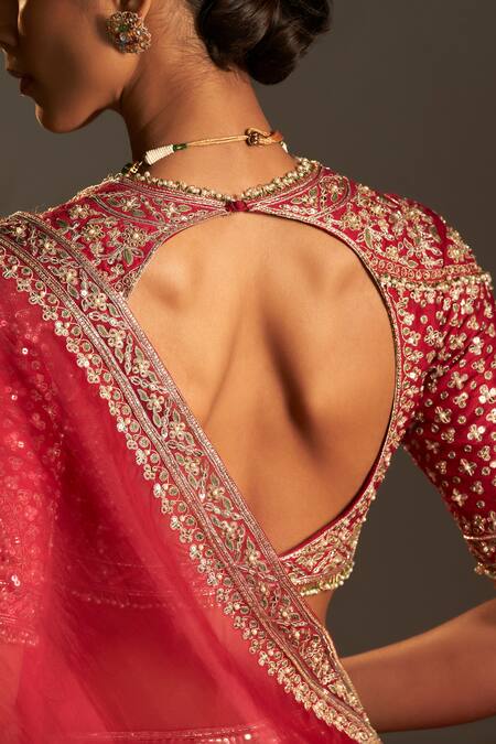 Shop_Ridhi Mehra_Red Blouse Raw Silk Embroidered Zardozi Plunge Lagan Border Saree With _Online_at_Aza_Fashions