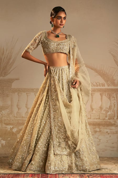 Ridhi Mehra_Green Blouse Net Embellished Floral Chandni Tree Bridal Lehenga Set  _Online_at_Aza_Fashions