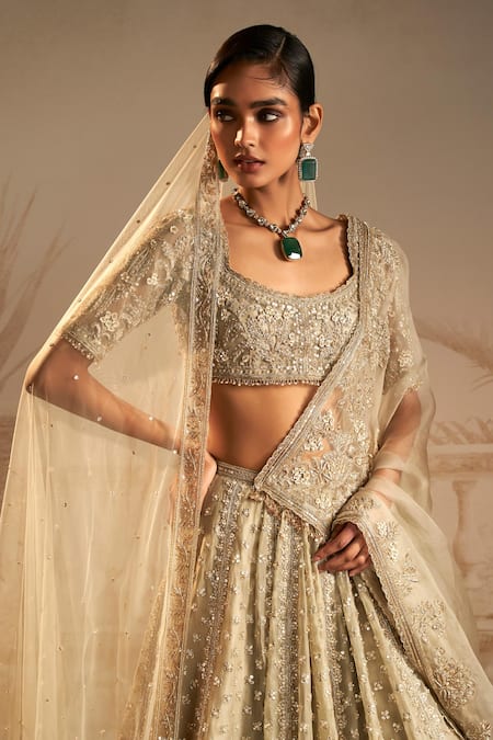 Shop_Ridhi Mehra_Green Blouse Net Embellished Floral Chandni Tree Bridal Lehenga Set  _Online_at_Aza_Fashions