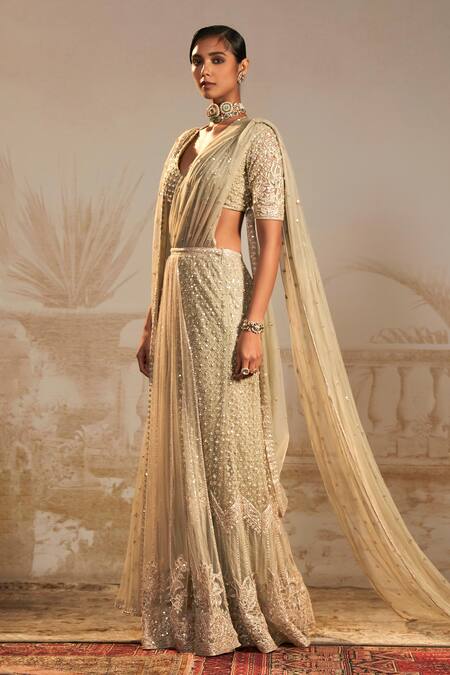 Shop_Ridhi Mehra_Green Net Embellished Floral V Neck Sitara Pre-draped Saree Set  _Online_at_Aza_Fashions