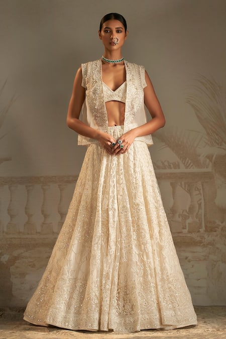 Ridhi Mehra Ivory Bustier And Lehenga Net Embroidered Floral Moti Embellished Set 