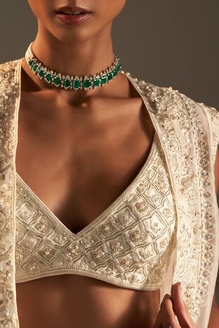 Shop Ridhi Mehra Ivory Bustier And Lehenga Net Embroidered Floral Moti Embellished Set Online at Aza Fashions Shop_Ridhi Mehra_Ivory Bustier And Lehenga Net Embroidered Floral Moti Embellished Set _Online_at_Aza_Fashions