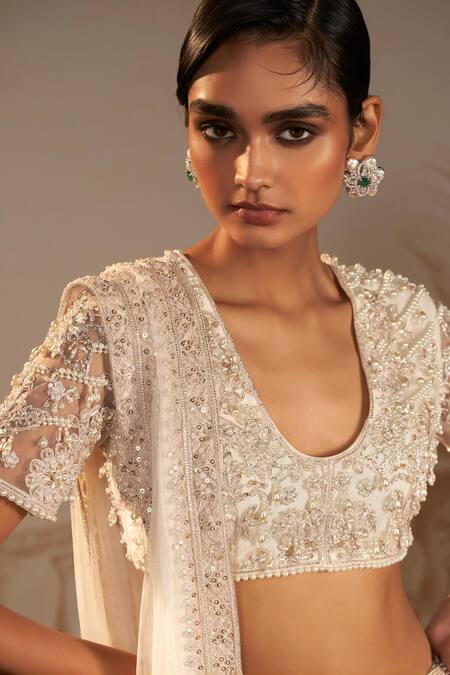 Ridhi Mehra_Ivory Net Embellished Floral U Neck Shehnai Skirt Saree Set  _Online_at_Aza_Fashions