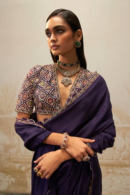 Buy_Ridhi Mehra_Purple Blouse Net Embroidery Thread Plunge V Neck Rangrez Border Saree With _Online_at_Aza_Fashions