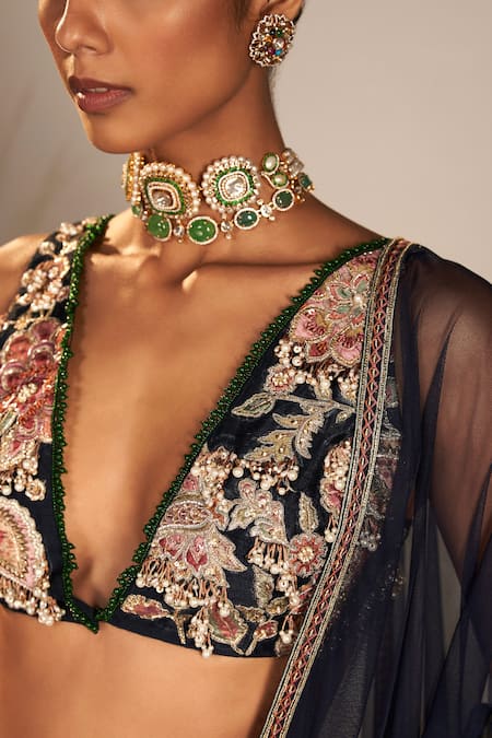 Ridhi Mehra_Blue Silk, Net Pearls, Sequins Plunge Neck Saanjh Raw Embroidered Lehenga Set _Online_at_Aza_Fashions