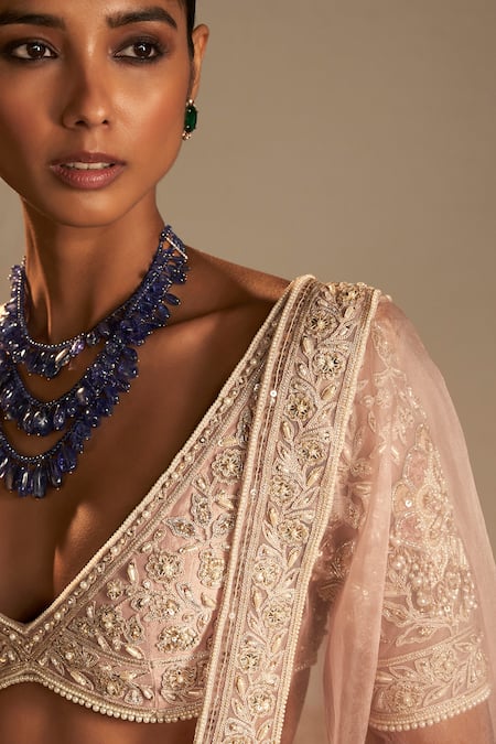 Ridhi Mehra_Pink Blouse And Lehenga Net Embroidery Floral Doli Work Bridal Set  _Online_at_Aza_Fashions