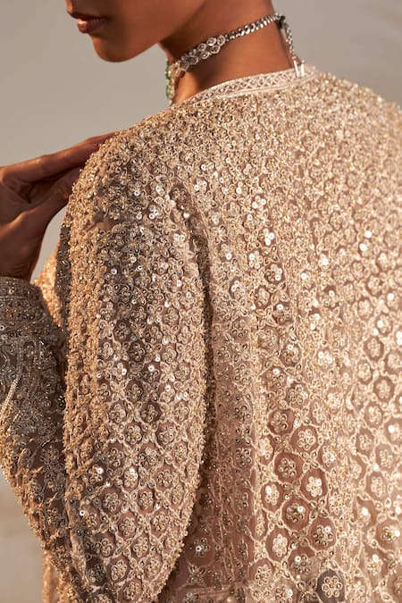 Shop_Ridhi Mehra_Pink Net Sequins, Beads Gallaan Embroidered Bridal Jacket Lehenga Set _Online_at_Aza_Fashions