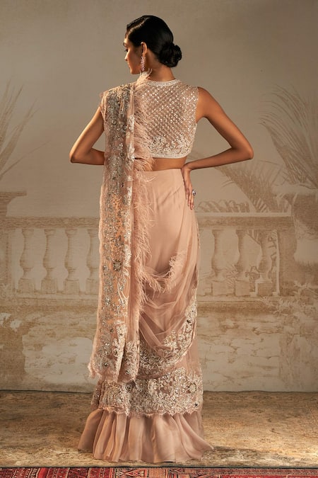 Ridhi Mehra Pakeeza Feather Embellished Pre-Draped Saree With Blouse 