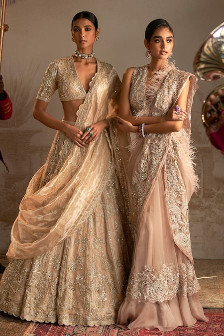 Ridhi Mehra_Pink Net Sequins, Pakeeza Feather Embellished Pre-draped Saree With Blouse _Online_at_Aza_Fashions