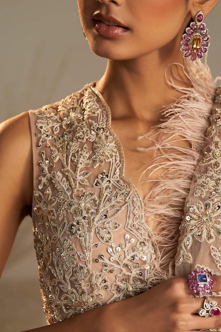 Buy_Ridhi Mehra_Pink Net Sequins, Pakeeza Feather Embellished Pre-draped Saree With Blouse _Online_at_Aza_Fashions