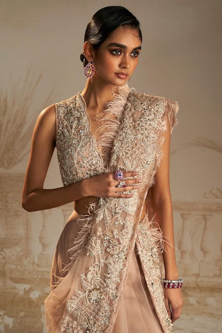 Shop_Ridhi Mehra_Pink Net Sequins, Pakeeza Feather Embellished Pre-draped Saree With Blouse _Online_at_Aza_Fashions
