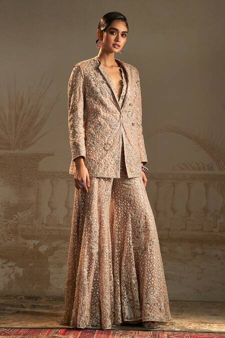 Ridhi Mehra Pink Jacket And Pant Net Embroidery Zari Thread Floral Flared Set Online at Aza Fashions Ridhi Mehra_Pink Jacket And Pant Net Embroidery Zari Thread Floral Flared Set _Online_at_Aza_Fashions