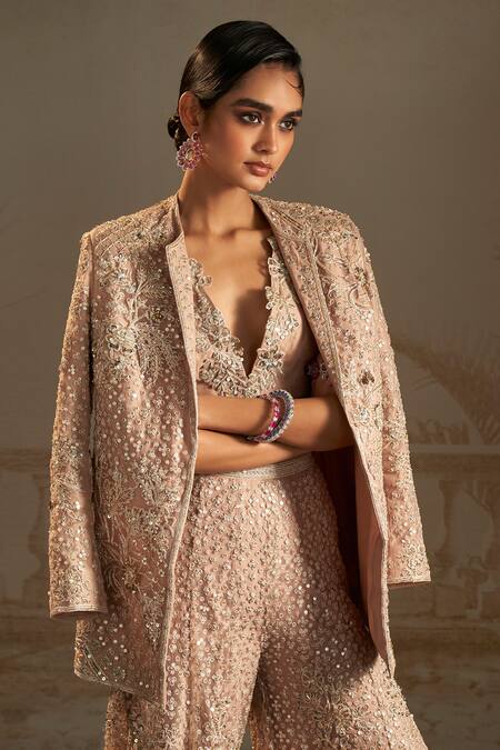 Buy Ridhi Mehra Pink Jacket And Pant Net Embroidery Zari Thread Floral Flared Set Online at Aza Fashions Buy_Ridhi Mehra_Pink Jacket And Pant Net Embroidery Zari Thread Floral Flared Set _Online_at_Aza_Fashions