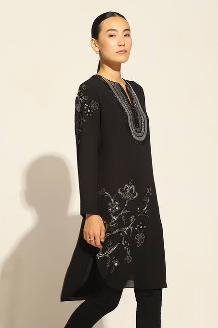 Buy_RANNA GILL_Black Viscose Blend Embellished Stone V-neck Rina High-low Tunic_Online_at_Aza_Fashions