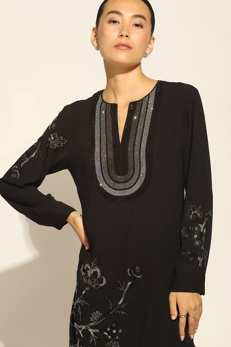 Shop_RANNA GILL_Black Viscose Blend Embellished Stone V-neck Rina High-low Tunic_Online_at_Aza_Fashions