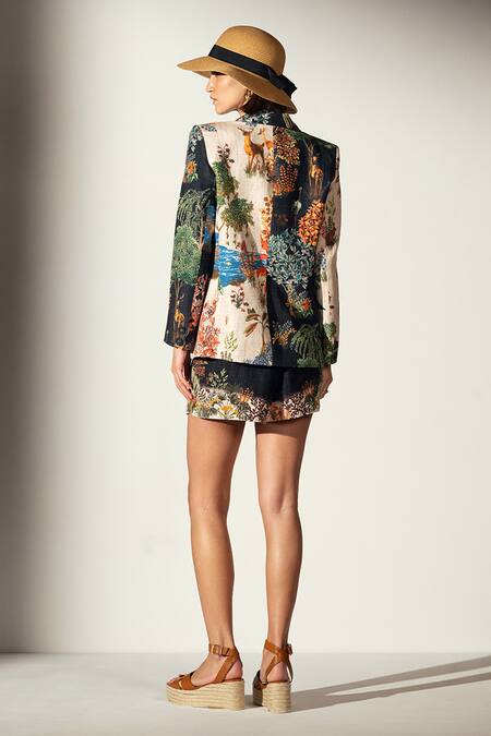 Shop RANNA GILL Multi Color Linen Blend Printed Forest Lapel Collar Melody Jacket at Aza Fashions Shop_RANNA GILL_Multi Color Linen Blend Printed Forest Lapel Collar Melody Jacket_at_Aza_Fashions