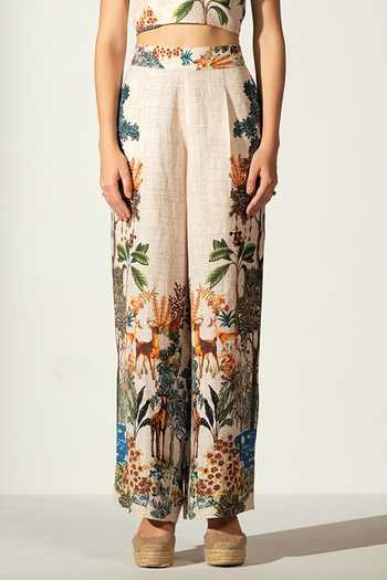 Buy_RANNA GILL_Multi Color Linen Blend Printed Forest Skyla Wide Legged Pant_Online_at_Aza_Fashions