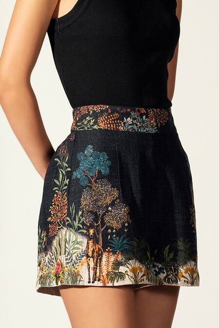 RANNA GILL_Black Linen Blend Printed Forest Odessa Shorts_Online_at_Aza_Fashions