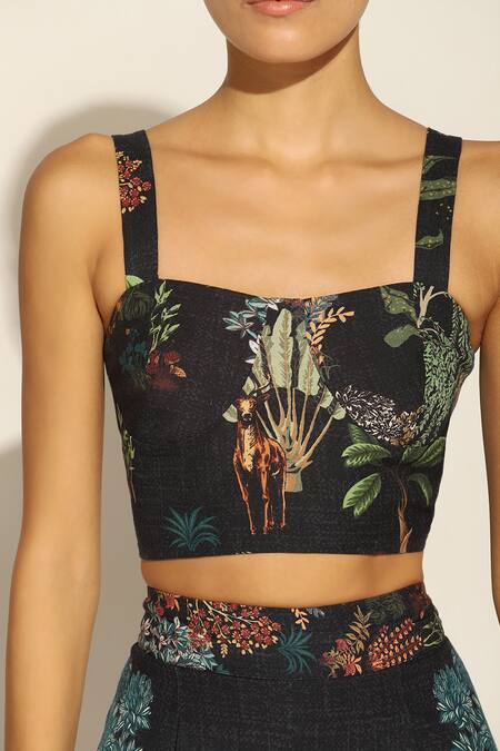 RANNA GILL_Multi Color Linen Blend Printed Forest Sweetheart Thea Corset_Online_at_Aza_Fashions