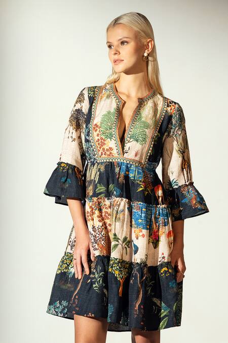 RANNA GILL_Multi Color Linen Blend Printed Forest Notched Tracy Tunic Tiered Dress_Online_at_Aza_Fashions