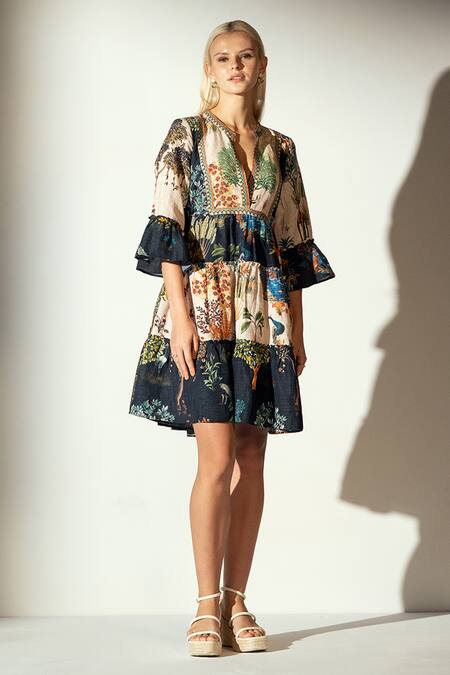 Buy_RANNA GILL_Multi Color Linen Blend Printed Forest Notched Tracy Tunic Tiered Dress_Online_at_Aza_Fashions