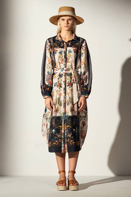 RANNA GILL_Multi Color Linen Blend Printed Forest Collared Riley Shirt Dress_Online_at_Aza_Fashions