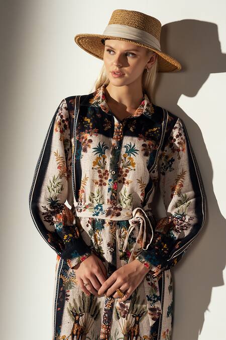 Buy_RANNA GILL_Multi Color Linen Blend Printed Forest Collared Riley Shirt Dress_Online_at_Aza_Fashions