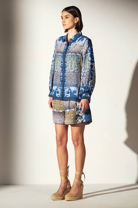 Buy_RANNA GILL_Multi Color Linen Blend Printed Shibori Collared Elle Button Down Shirt Dress_Online_at_Aza_Fashions