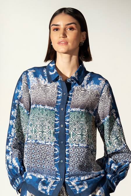 Shop_RANNA GILL_Multi Color Linen Blend Printed Shibori Collared Elle Button Down Shirt Dress_Online_at_Aza_Fashions
