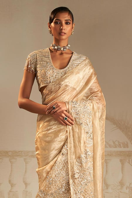 Ridhi Mehra_Gold Blouse Net Embellished Floral U Ratan Embroidered Saree Set  _Online_at_Aza_Fashions