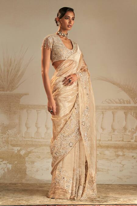Buy_Ridhi Mehra_Gold Blouse Net Embellished Floral U Ratan Embroidered Saree Set  _Online_at_Aza_Fashions