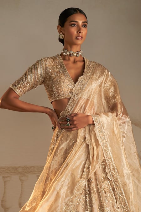 Ridhi Mehra_Gold Net, Tissue Pearls, Sequins, Zari Swarn Embellished Bridal Lehenga Set _Online_at_Aza_Fashions