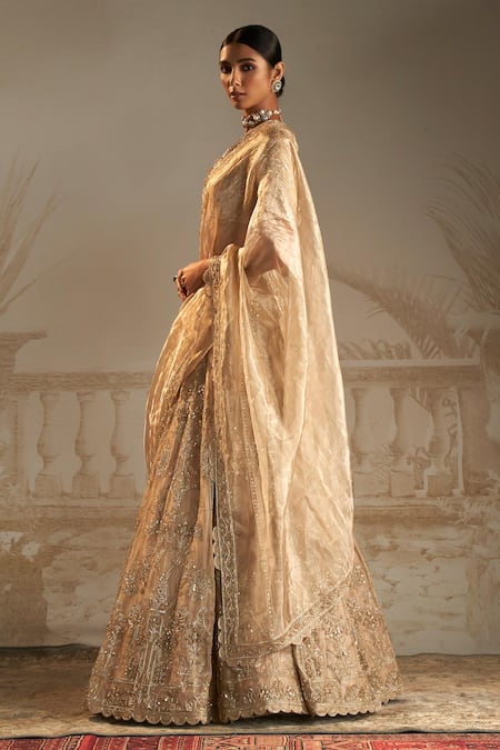 Shop_Ridhi Mehra_Gold Net, Tissue Pearls, Sequins, Zari Swarn Embellished Bridal Lehenga Set _Online_at_Aza_Fashions
