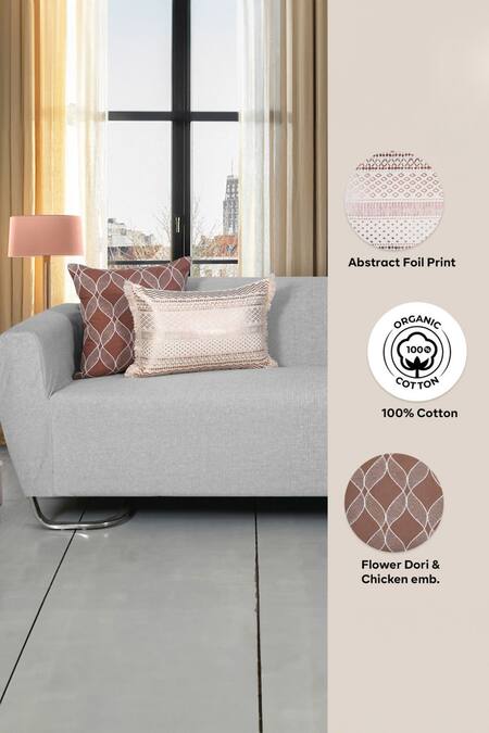 Buy_Ode & Cloe_Beige Cotton Foil Print, Aari And Dori Embroidered & Cushion Cover Set