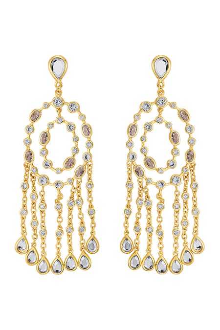 Shop Isharya Gold Plated Crystals, Mirrors Paradise Dew Chandelier Earrings at Aza Fashions Shop_Isharya_Gold Plated Crystals, Mirrors Paradise Dew Chandelier Earrings _at_Aza_Fashions