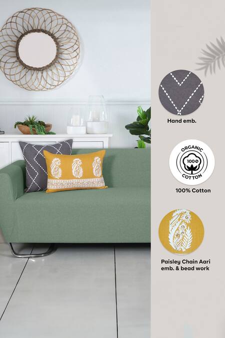 Shop Ode & Cloe Grey Cotton Thread, Aari And Bead Embroidered Work Cushion Cover Set at Aza Fashions Shop_Ode & Cloe_Grey Cotton Thread, Aari And Bead Embroidered Work Cushion Cover Set_at_Aza_Fashions