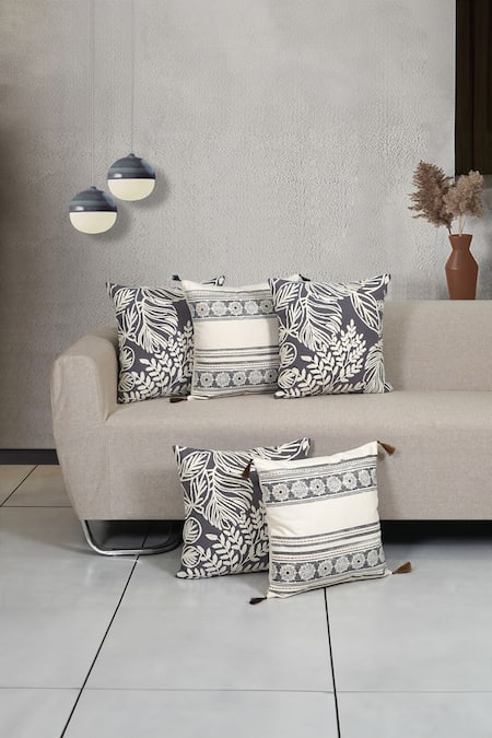 ODE & CLOE Grey Cotton Aari Leaf Embroidered 5 Pcs Cushion Covers 