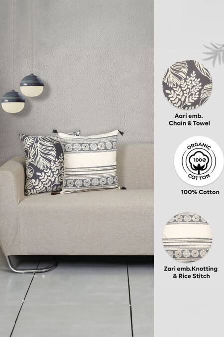 Shop Ode & Cloe Grey Cotton Dori, Aari Leaf Embroidered 5 Pcs Cushion Covers at Aza Fashions Shop_Ode & Cloe_Grey Cotton Dori, Aari Leaf Embroidered 5 Pcs Cushion Covers_at_Aza_Fashions