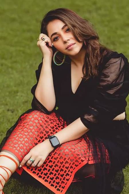 Deepika Arora Black Ponte Roma V Neck Puff Sleeve Dress