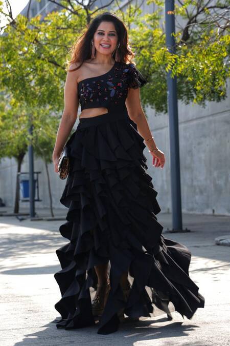 Buy_Deepika Arora_Black Polyester Applique, Cut Work One Shoulder Cascade Ruffle Dress
