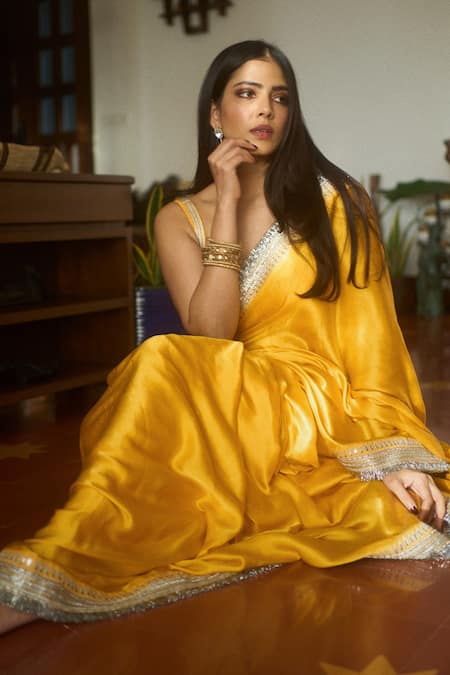 PRIYAL PRAKASH Yellow Saree Silk Satin Embroidery Placement Border With Blouse 