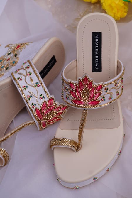 Shradha Hedau Footwear Couture_Beige Bead Kavya Embroidered Wedges _Online_at_Aza_Fashions