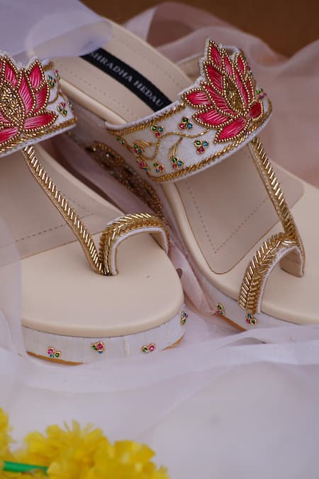 Buy_Shradha Hedau Footwear Couture_Beige Bead Kavya Embroidered Wedges _Online_at_Aza_Fashions