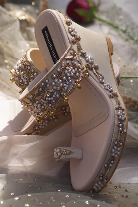 Shop Shradha Hedau Footwear Couture Gold Pearls, Gota Patti Celia Embroidered Wedges at Aza Fashions Shop_Shradha Hedau Footwear Couture_Gold Pearls, Gota Patti Celia Embroidered Wedges _at_Aza_Fashions